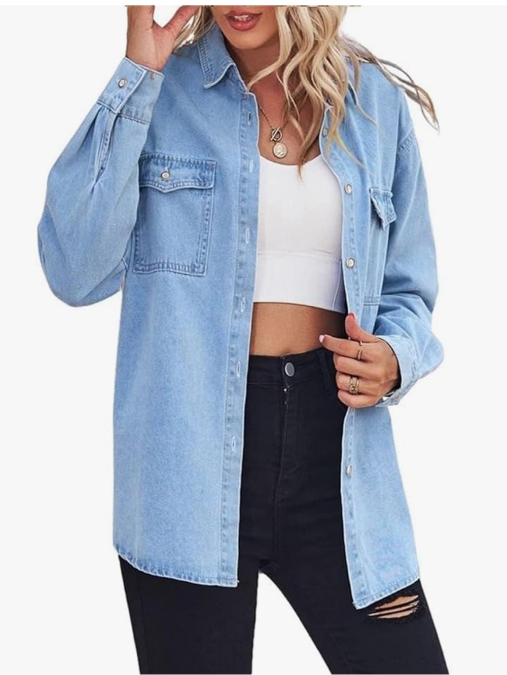 Light Blue Denim Button-Front Shirt. Size medium - Picture 2 of 14